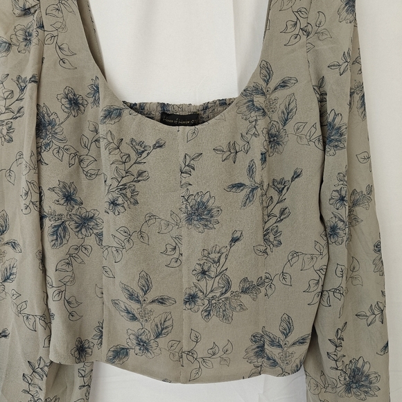 House of Harlow 1960 Long Mesh Sleeve Bustier Blouse Grey Blue Floral Size M - Picture 5 of 11